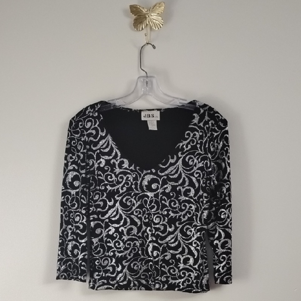 Vintage J.B.S. LTD. Women's Black & Silver Metallic Sparkle Abstract Print Top - Picture 2 of 13